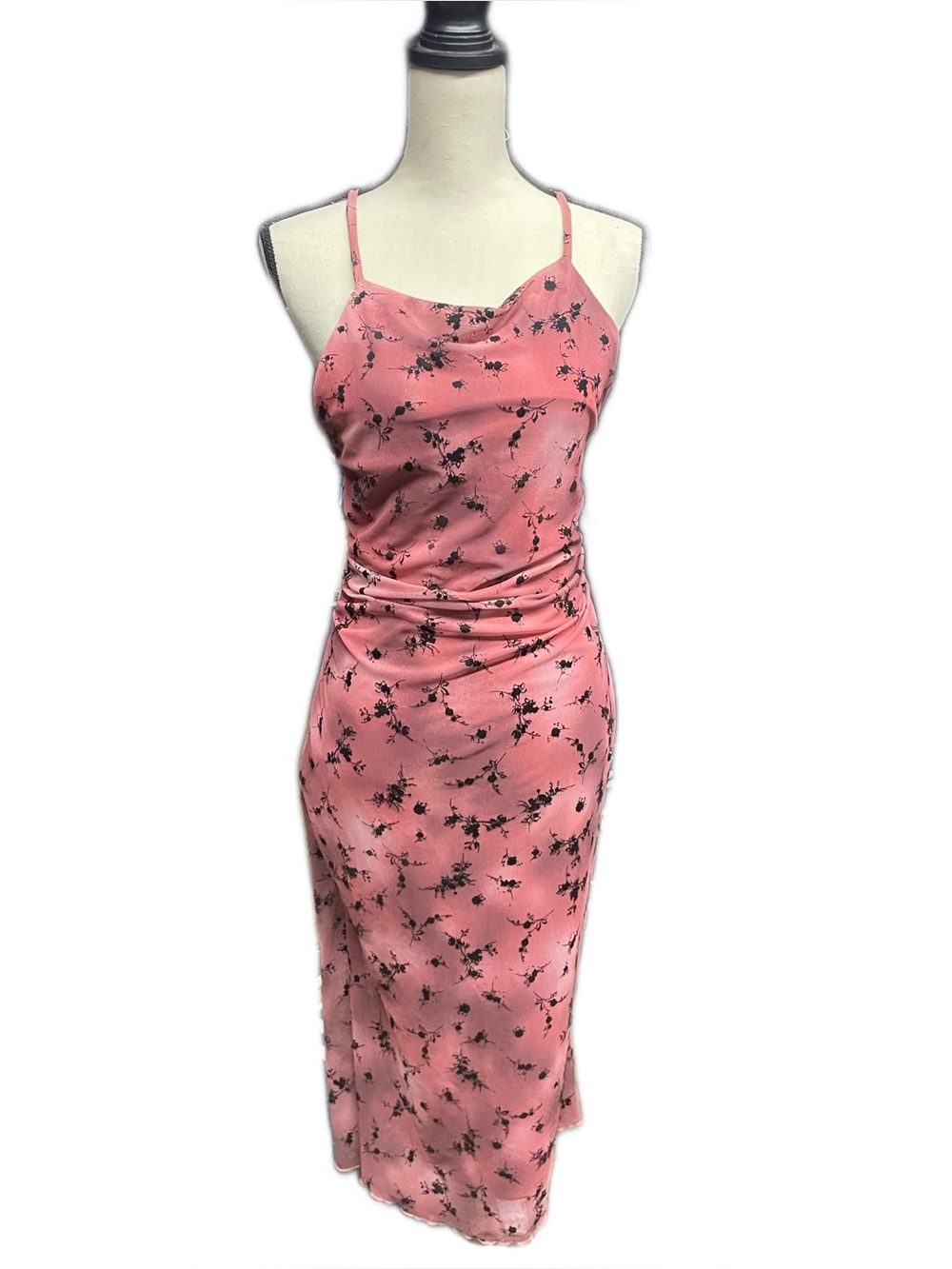 Women's Flocked Pink/Black Floral Mesh Midi Slip Dre